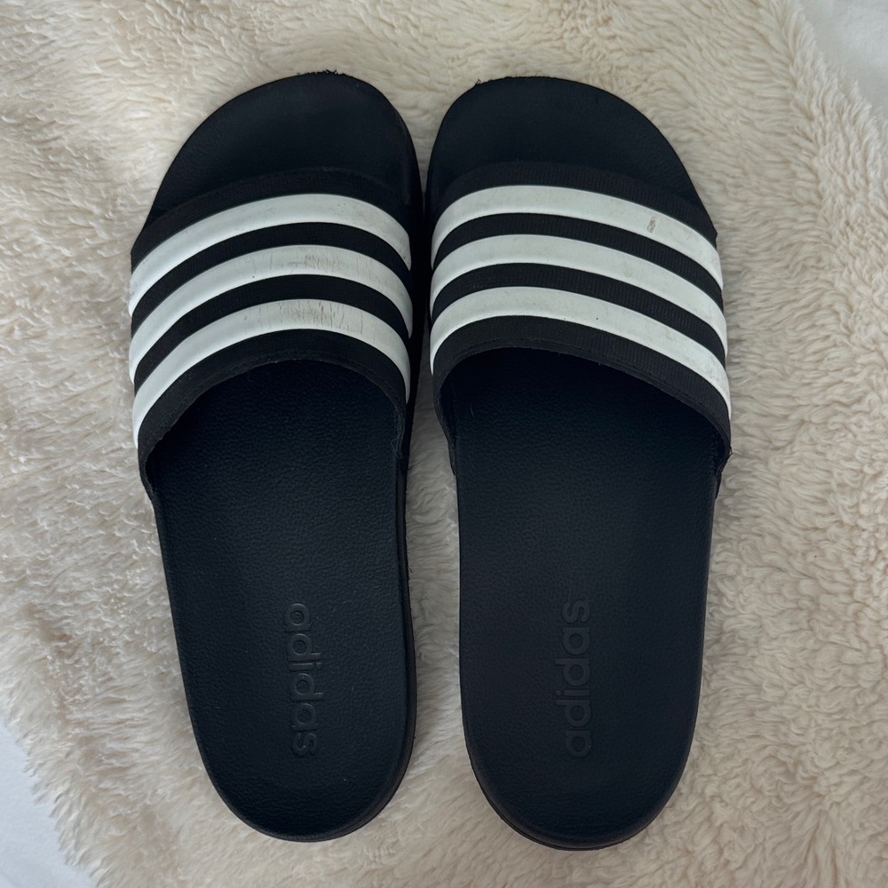 Adidas Black and White Striped Slides